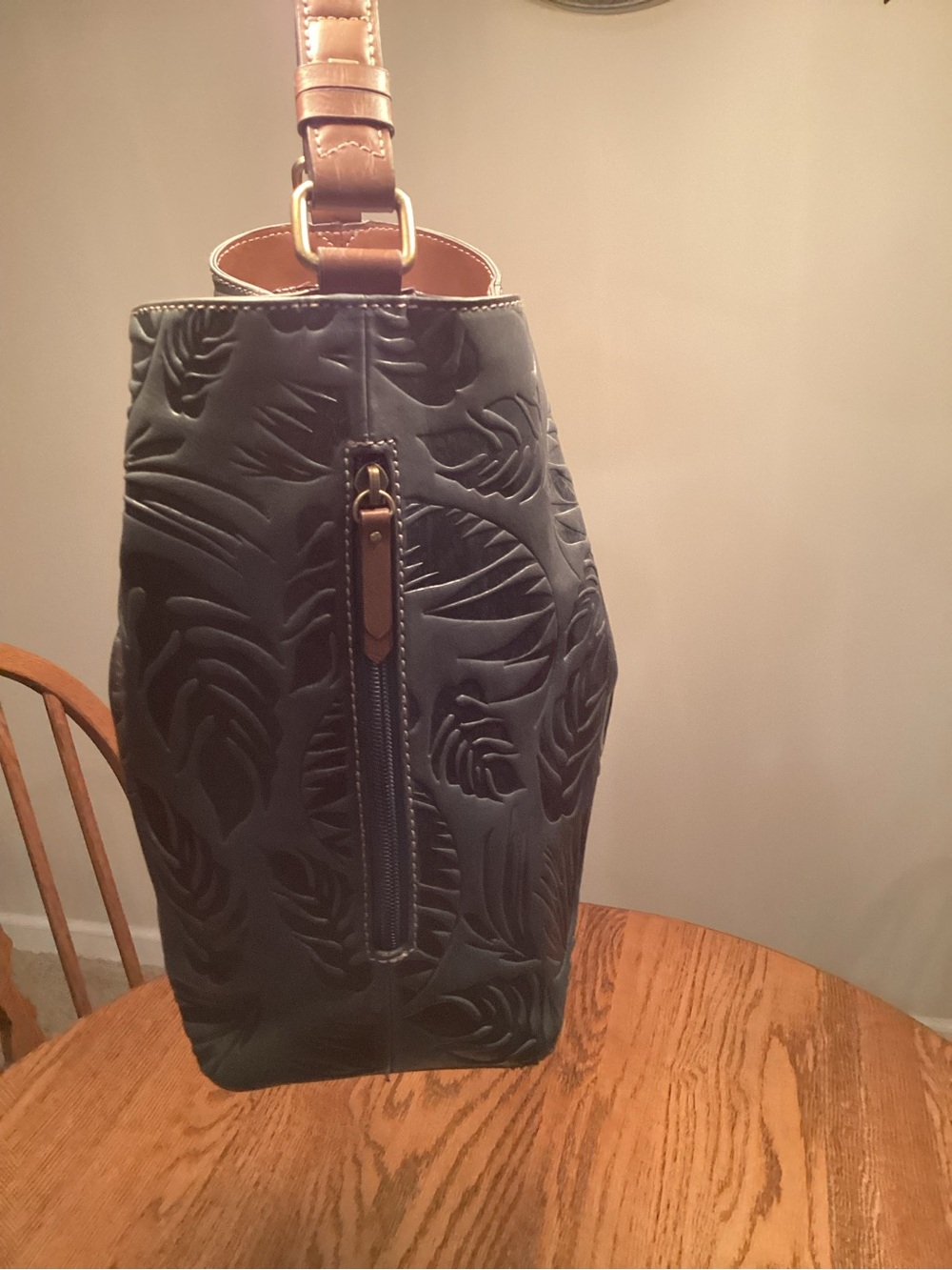 Tignanello Leather  Embossed Leaf Tote in Teal with Brown Trim - Picture 3 of 8